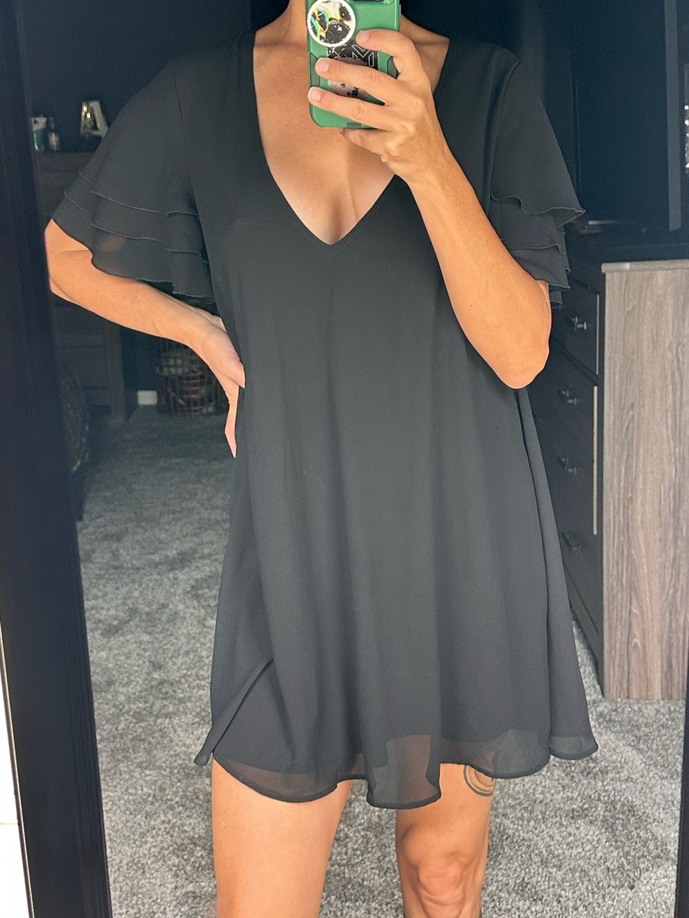 Black Deep V-Neck Flutter Sleeve Babydoll Dress